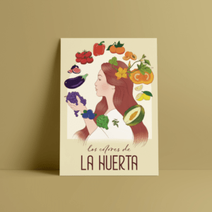 Plantilla con una chica con verduras y dice "Los colores de la huerta"
