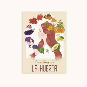 Plantilla con una chica con verduras y dice "Los colores de la huerta"